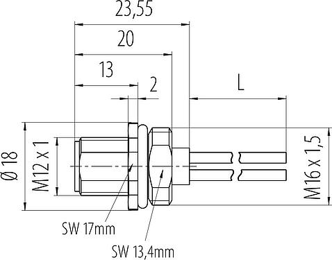 Dibujo a escala M12 Enchufe de brida, Número de contactos: 4, sin blindaje, hilos, IP68, UL 2238, M16x1,5, Montaje frontal