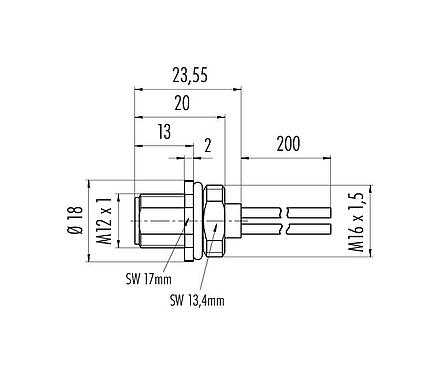 Scale drawing 09 0631 700 04 - M12 Male panel mount connector, Contacts: 4, unshielded, single wires, IP68, UL, VDE, M16x1.5