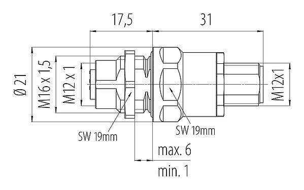 Dibujo a escala M12 Casquillo del armario de distribución, Número de contactos: 4, blindado, enchufable, IP67, UL 2238, M12x1,0, Montaje en pared