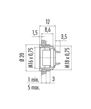 Dessin coté M16 Embase femelle, Contacts: 24, non blindé, souder, IP40, M18x0,75, Montage frontal