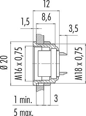 Dibujo a escala M16 Toma de brida, Número de contactos: 24, sin blindaje, soldadura, IP40, M18x0,75, Montaje frontal