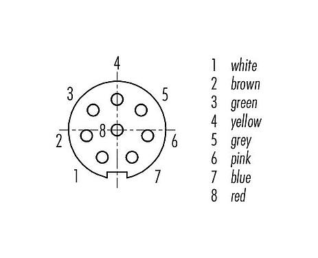 Contact arrangement (Plug-in side) M9 Female angled connector, Contacts: 8, shielded, moulded on the cable, IP67, PUR, black, 8 x 0.14 mm², 2 m