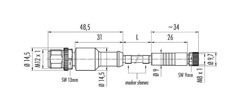 Scale drawing M12/M8 Male cable connector - female cable connector, Contacts: 4, unshielded, moulded on the cable, IP67/IP69K, UL 2238, PUR, black, 4 x 0.34 mm², 3 m