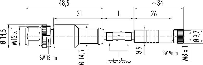 Dessin coté M12/M8 Connecteur mâle - connecteur femelle, Contacts: 3, non blindé, surmoulé sur le câble, IP67/IP69K, UL 2238, PUR, noir, 3 x 0,34 mm², 2 m