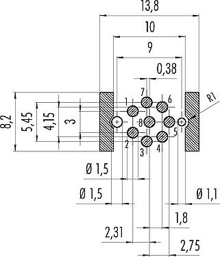 Conductor layout M12 Male panel mount connector, Contacts: 8, unshielded, SMT, IP67, M12x1.0, Front mounting
