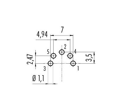 Conductor layout 09 0319 90 05 - M16 Male panel mount connector, Contacts: 5 (05-b), unshielded, THT, IP40, front fastened