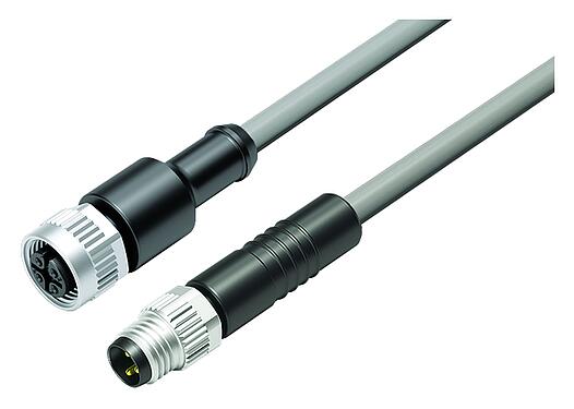Illustration M12/M8 Male cable connector - female cable connector, Contacts: 3, unshielded, moulded on the cable, IP67/IP69K, UL 2238, PVC, grey, 3 x 0.34 mm², 2 m