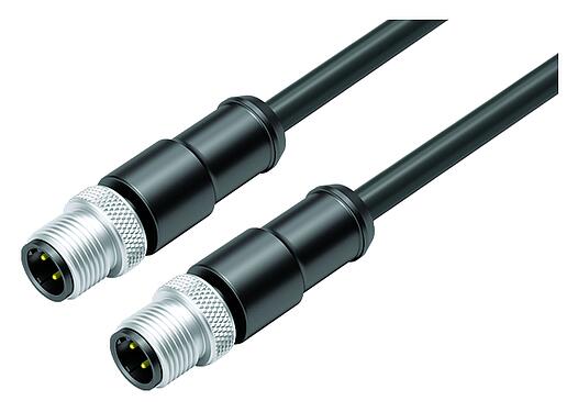 Illustration M12 Connecting cable 2 male cable connectors, Contacts: 4, shielded, moulded on the cable, IP67, UL, Ethernet CAT5e, TPE, black, 2 x 2 x AWG 24, 0.3 m