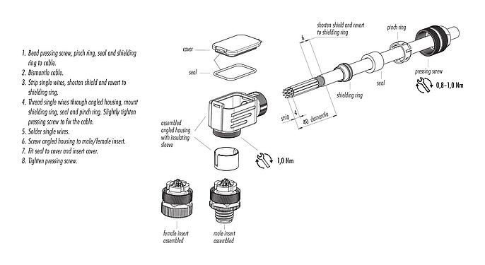 Instrucción de montaje M12 Conector hembra en ángulo, Número de contactos: 12, 6,0-8,0 mm, blindable, soldadura, IP67, UL 2238, con anillo de protección