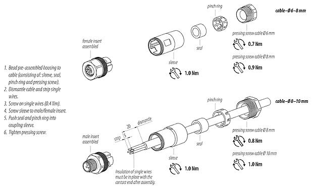Instructions de montage M12 Connecteur femelle, Contacts: 4, 6,0-8,0 mm, non blindé, pince à visser, IP67, Acier inoxydable