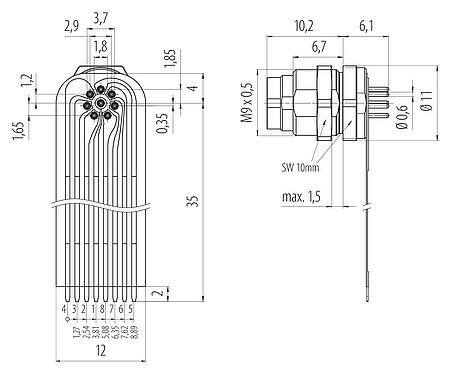Conexión y dimensiones
M9 Enchufe de brida, Número de contactos: 8, sin blindaje, THT, IP40, M9x0,5, Montaje en pared