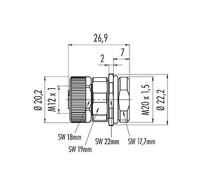 Scale drawing M12 Female panel mount connector, Contacts: 5, unshielded, screw clamp, IP67, UL 2238, VDE, M20x1.5, Front mounting, for the power supply