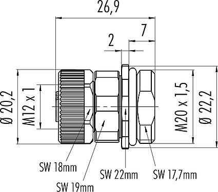 Scale drawing M12 Female panel mount connector, Contacts: 8, unshielded, screw clamp, IP68, UL 2238, M20x1.5, Front mounting