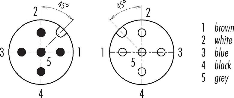 Disposition des contacts (Côté plug-in) M12 Câble de raccordement connecteur mâle - connecteur femelle coudé, Contacts: 5, non blindé, surmoulé sur le câble, IP68/IP69K, UL 2238, PUR, noir, 5 x 0,34 mm², 2 m