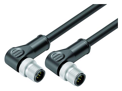 Illustration M12 Connecting cable 2 male angled connector, Contacts: 8, shielded, moulded on the cable, IP67, Ethernet CAT5e, TPE, black, 4 x 2 x AWG 24, 0.6 m