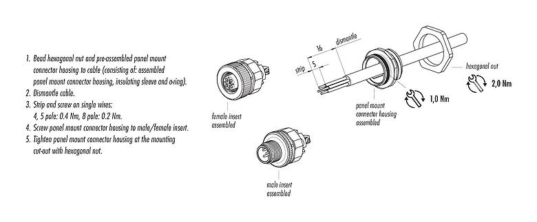Assembly instructions M12 Male panel mount connector, Contacts: 5, unshielded, screw clamp, IP67, UL 2238, M20x1.5, Front mounting, for the power supply