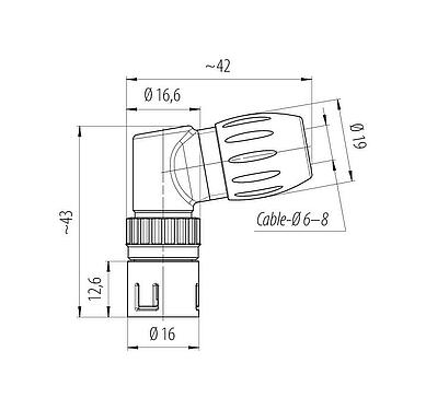 Dibujo a escala Snap-In Conector macho en ángulo, Número de contactos: 5, 6,0-8,0 mm, sin blindaje, soldadura, IP67