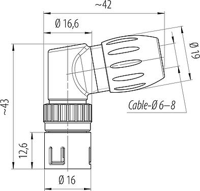Scale drawing Snap-In Male angled connector, Contacts: 8, 6.0-8.0 mm, unshielded, solder, IP67