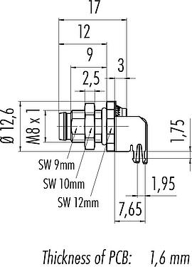 Scale drawing M8 Male panel mount connector, Contacts: 6, shieldable, THT, IP67, UL 2238, M8x1.0, Rear mounting, potted
