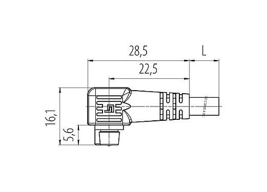 Dibujo a escala Snap-In Conector hembra en ángulo, Número de contactos: 3, sin blindaje, moldeado en el cable, IP40, PVC, negro, 3 x 0,25 mm², 2 m