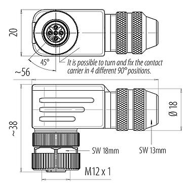 Scale drawing M12 Female angled connector, Contacts: 4, 6.0-8.0 mm, shieldable, screw clamp, IP67, UL 2238, with shielding ring
