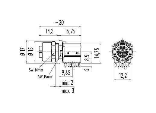 Scale drawing M12 Female panel mount connector, Contacts: 8, shieldable, THT, IP67, UL, M12x1.0, Rear mounting