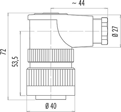Scale drawing RD30 Female angled connector, Contacts: 12+PE, 10.0-12.0 mm, unshielded, solder, IP65