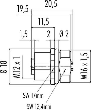 Scale drawing M12 Female panel mount connector, Contacts: 4, solder, IP67, UL 2238, M16x1.5, Front mounting