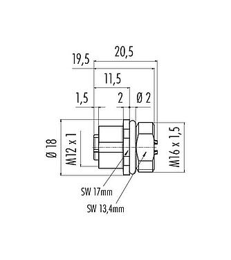Dessin coté M12 Embase femelle, Contacts: 4, souder, IP67, UL 2238, M16x1,5, Montage frontal