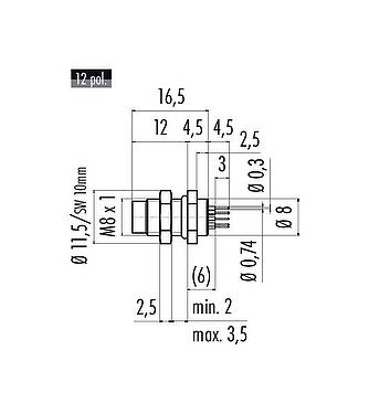 Scale drawing M8 Male panel mount connector, Contacts: 12, unshielded, THT, IP67/IP69K, UL 2238, M8x1.0, Rear mounting, screwable from the front, potted