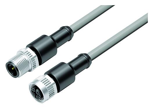Illustration M12 Câble de raccordement connecteur mâle - connecteur femelle, Contacts: 3, non blindé, surmoulé sur le câble, IP67/IP69K, UL 2238, PVC, gris, 3 x 0,34 mm², 5 m