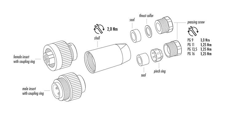 Component part drawing 99 0218 00 07 - RD24 Female cable connector, Contacts: 6+PE, 6.0-8.0 mm, unshielded, screw clamp, IP67, PG 9