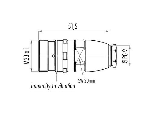 Scale drawing M23 Male coupling connector, Contacts: 12, 6.0-10.0 mm, unshielded, solder, IP67