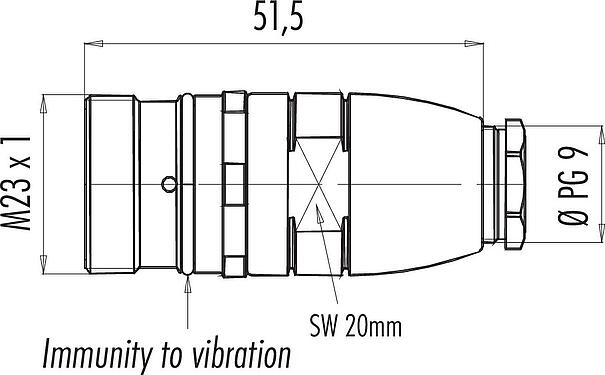 Scale drawing M23 Male coupling connector, Contacts: 12, 6.0-10.0 mm, unshielded, solder, IP67