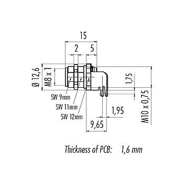 Scale drawing 86 6618 1121 00008 - M8 Female panel mount connector, Contacts: 8, shieldable, THT, IP67, UL, M10x0.75, Front mounting