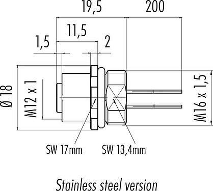 Dessin coté M12 Embase femelle, Contacts: 4, non blindé, fils, IP68, UL 2238, M16x1,5, Montage frontal, Acier inoxydable, coulé