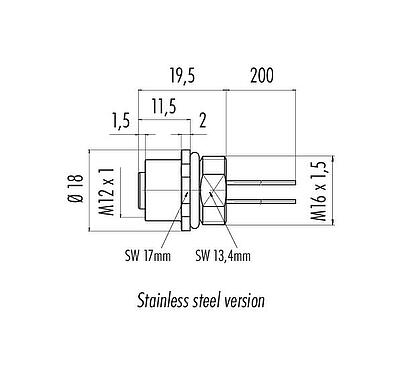 Dibujo a escala M12 Toma de brida, Número de contactos: 4, sin blindaje, hilos, IP68, UL 2238, M16x1,5, Montaje frontal, Acero inoxidable, moldeado