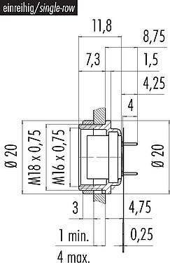 Dessin coté M16 Embase femelle, Contacts: 12 (12-a), non blindé, THT, IP40, M18x0,75, Montage mural arrière