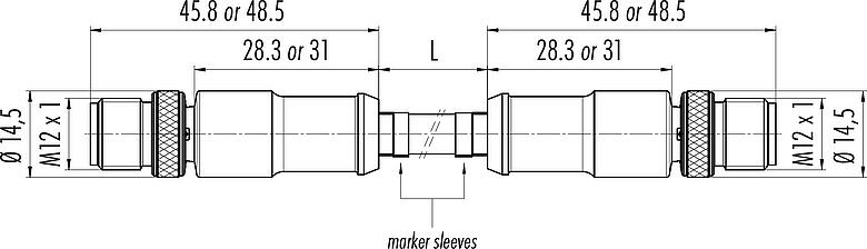 Dibujo a escala M12 Cable de conexión 2 conectore de cable macho, Número de contactos: 4, blindado, moldeado en el cable, IP67, UL, Profinet/Ethernet CAT5e, PUR, verde, 4 x AWG 22, 5 m