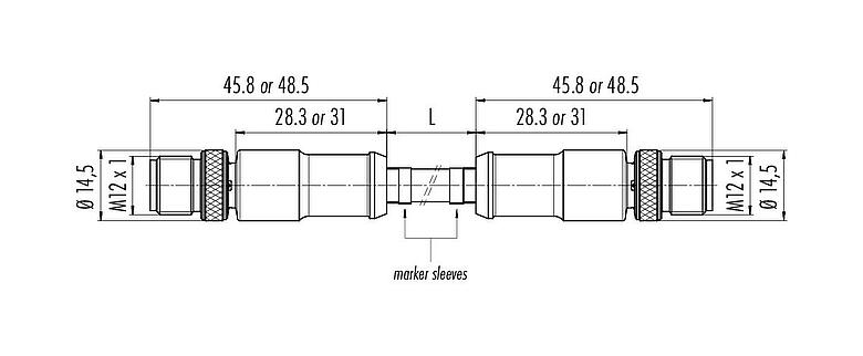Scale drawing M12 Connecting cable 2 male cable connectors, Contacts: 4, shielded, moulded on the cable, IP67, UL, Profinet/Ethernet CAT5e, PUR, green, 4 x AWG 22, 5 m