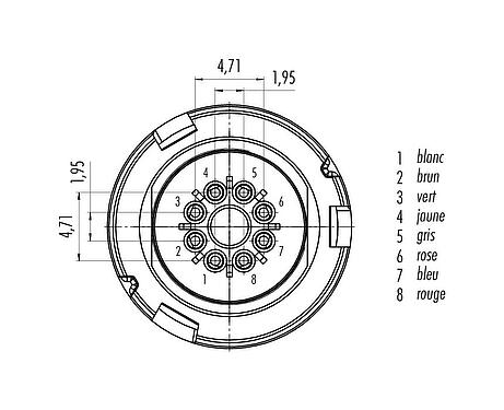 Disposition des contacts (Côté plug-in) 77 6005 0000 50008-0500 - Baïonnette Connecteur mâle, Contacts: 8, non blindé, souder, IP67, PUR, noir, 8 x 0,25 mm², 5 m