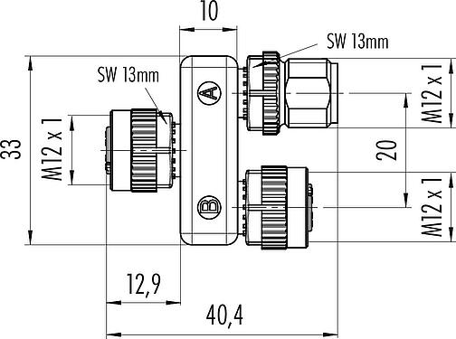 Scale drawing M12 Twin distributors Y-distributor, male connector - 2 female connector, Contacts: 5, unshielded, pluggable, IP68, UL 2238