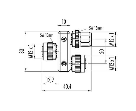 Dessin coté M12 Répartiteur double, Y-distributeur, mâle - 2 femelle, Contacts: 5, non blindé, enfichable, IP68, UL 2238