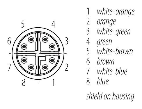 Contact arrangement (Plug-in side) M12 Connecting cable 2 male cable connectors, Contacts: 8, shielded, moulded on the cable, IP67, UL, PUR, green, AWG 26/7, 10 m