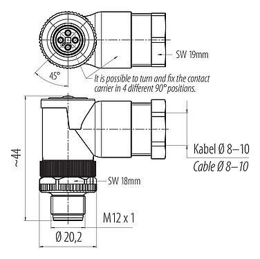 Dibujo a escala 99 0629 58 04 - M12 Conector macho en ángulo, Número de contactos: 4, 8,0-10,0 mm, sin blindaje, tornillo extraíble, IP67, UL 2238, VDE