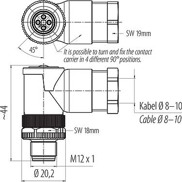 Dibujo a escala M12 Conector macho en ángulo, Número de contactos: 4, 8,0-10,0 mm, sin blindaje, tornillo extraíble, IP67, UL 2238, VDE