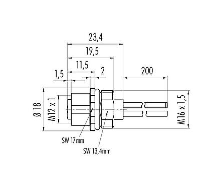 Scale drawing 76 0232 0015 00004-0200 - M12 Female panel mount connector, Contacts: 4, unshielded, single wires, IP68, M16x1.5