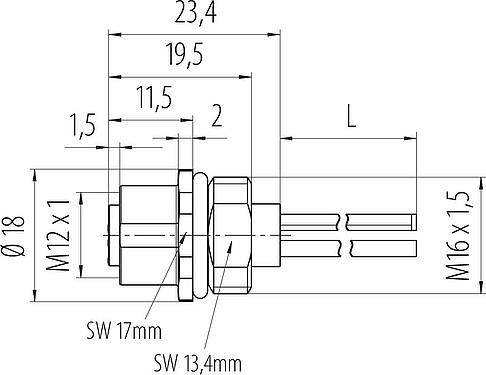 Dibujo a escala M12 Toma de brida, Número de contactos: 4, sin blindaje, hilos, IP68, UL 2238, M16x1,5, Montaje frontal, moldeado