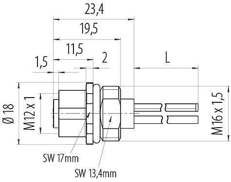 Dibujo a escala M12 Toma de brida, Número de contactos: 4, sin blindaje, hilos, IP68, UL 2238, M16x1,5, Montaje frontal, moldeado