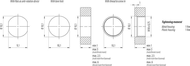 Instructions de montage / Découpe du panneau M8 Embase femelle, Contacts: 4, non blindé, fils, IP67, M8x1,0, Montage mural arrière